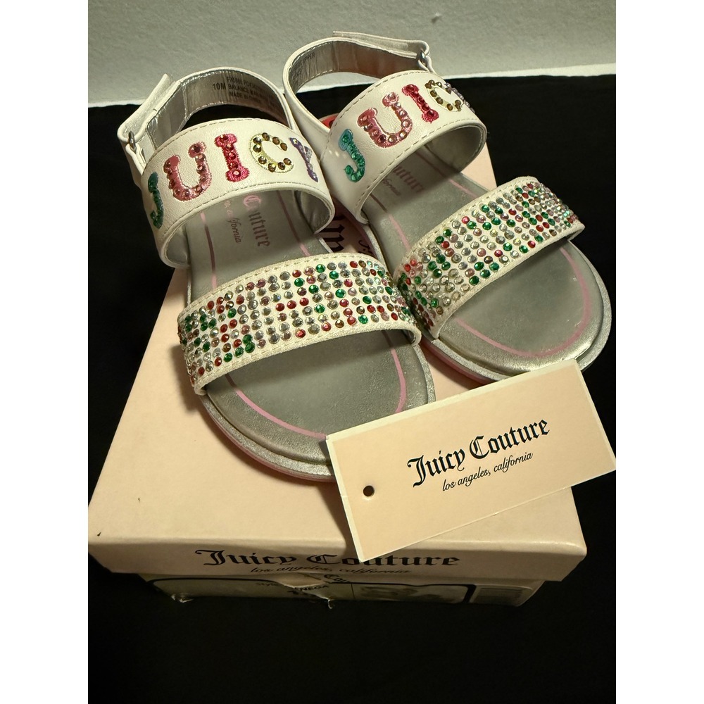 Juicy Couture Cienega White Rhinestone Logo Sandals Kids Size 10 NEW